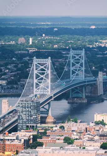 View of Philadelphia's Ben Franklin bridge with New Jersey beyond.