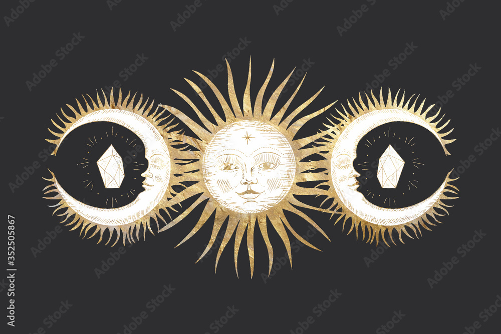 Fototapeta premium chic golden luxurious retro vintage engraving style. image of the sun and moon phases. culture of occultism. Vector graphics