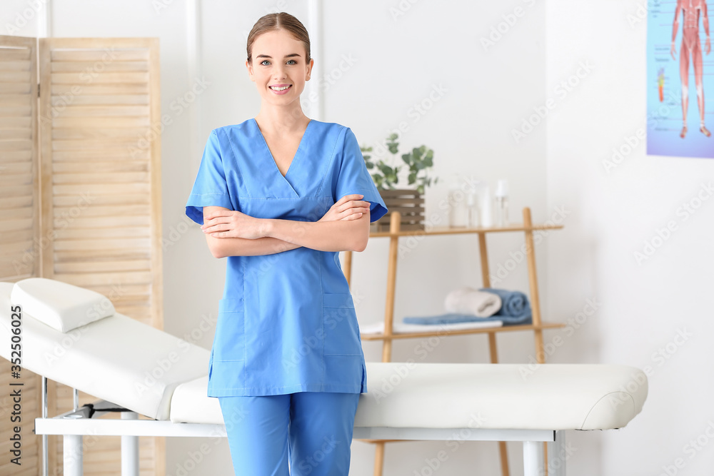 Portrait of female massage therapist in medical center Portrait of female massage therapist in medical center