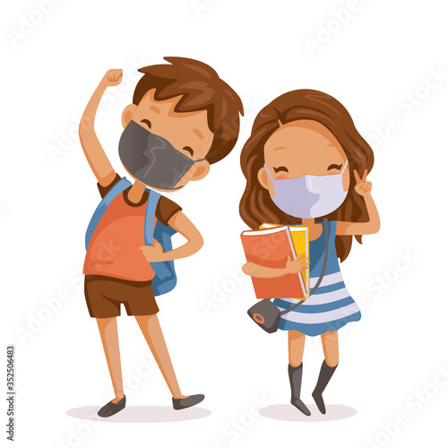 Boys and girls face maskfull body children are standing and smiling. Little boy wear face mask protect virus.  Protect dust PM 2.5. Social distancing concept.Vector cartoon characters and illustration