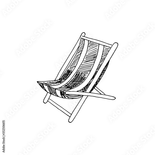 Folding deck lounge chair for summer rest, country house, garden sitting and suntanning. Vector hand drawn illustration in sketch doodle style. Concept of comfort, convinient rest, furniture.