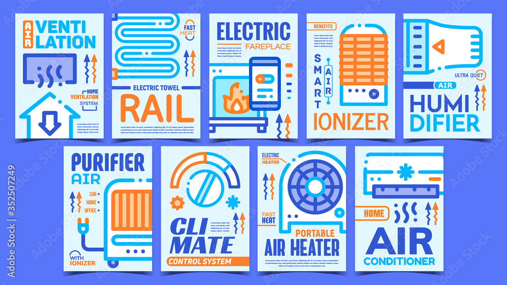 Heating And Cooling Equipment Posters Set Vector. Climate Control System And Conditioner, Purifier And Ionizer, Ventilation And Towel Rail Radiator Equipment. Concept Layout Style Color Illustrations