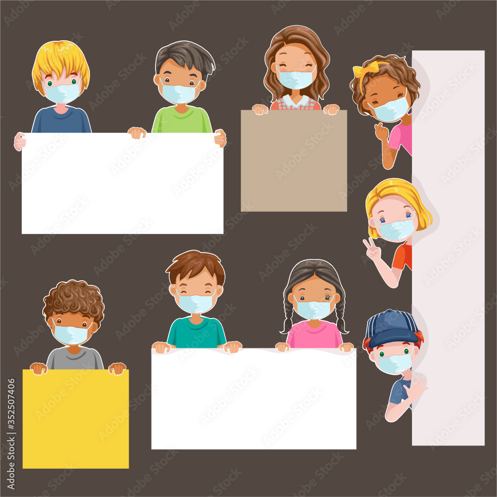 kids mask holding sing. Holding an empty paper For entering your message. Little boy and little boywear face mask protect virus. Protect dust PM 2.5. Social distancing concept. Vector cartoon. kids mask holding sing. Holding an empty paper For entering your message. Little boy and little boywear face mask protect virus. Protect dust PM 2.5. Social distancing concept. Vector cartoon.
