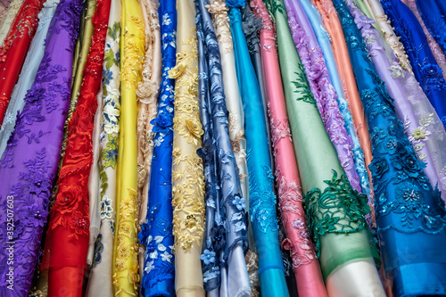 Colorful silk scarfs in the Thai white ethnicity village