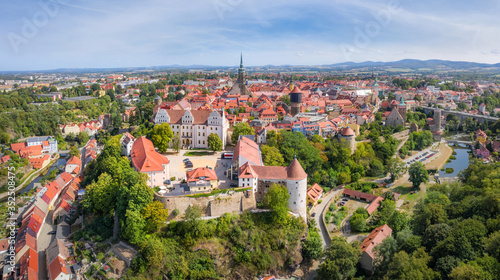 Bautzen, Germany. Aerial cityscape of Old Town with Ortenburg castle on foreground