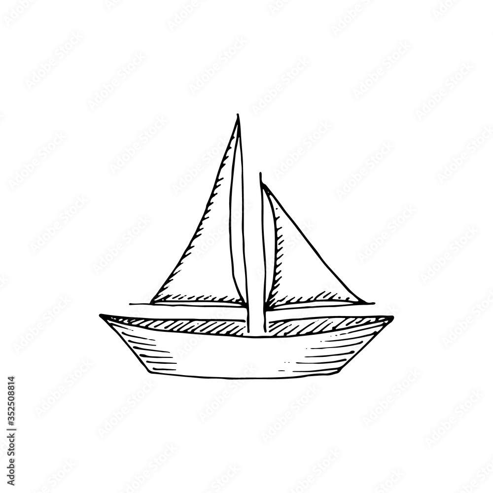 Sail canvas boat ship isolated on white background. Vector hand drawn sketch illustration in doodle outline style. Concept of sailing, summer vacation, sea cruise, round trip, weekend spending.