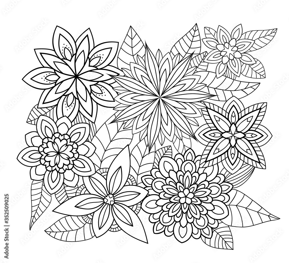 Fototapeta premium Fantasy abstract flowers with decorative leaves and simple pattern on white isolated background. Botanical doodle illustration. Good for coloring book pages.