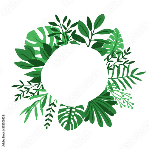 Green leaves circle frame. Herb leaf cute round botanical design border, palms and herbs planting garden vector sign, green tropical foliage label