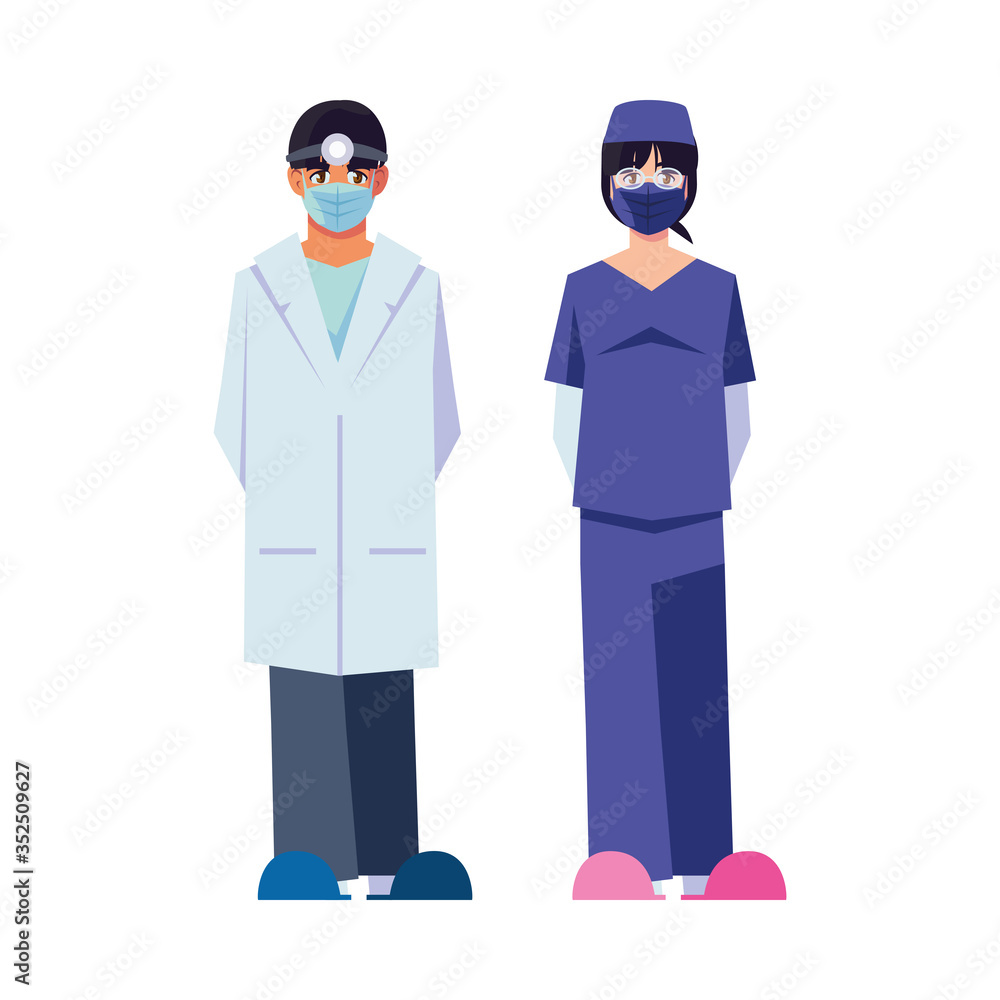Man and woman doctor with uniforms and masks vector design Man and woman doctor with uniforms and masks vector design