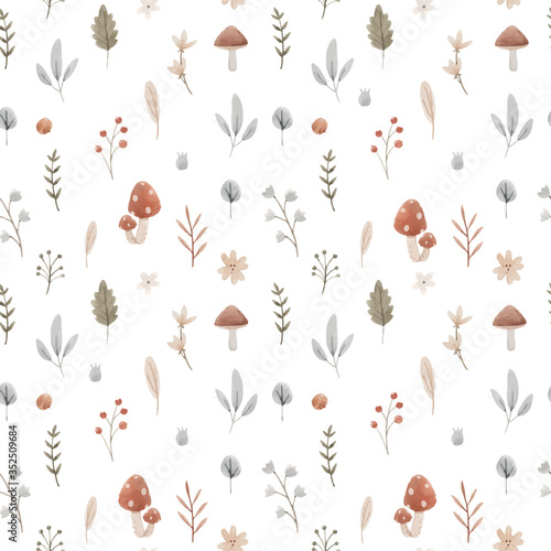 Beautiful seamless pattern with cute hand drawn forest paintings. Stock baby illustration.