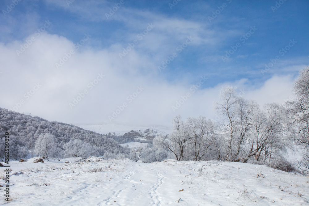 Karachay-Cherkessia, Russia. Caucasus Mountains cold winter landscape