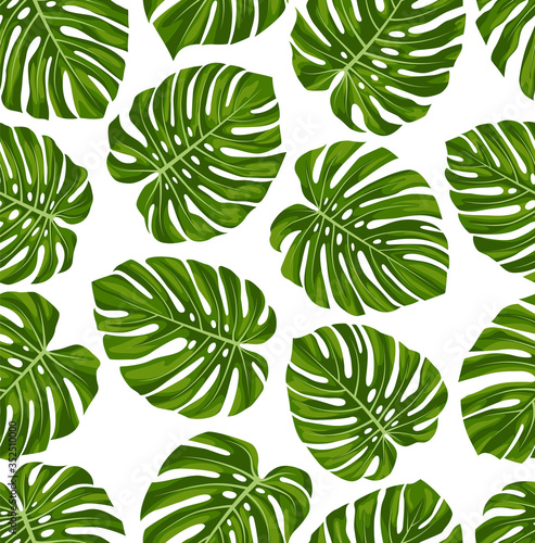Pattern with leaves of Monstera. Decorative, abstract. Suitable for curtains, wallpaper, fabrics, tiles, wrapping paper. © Avilika