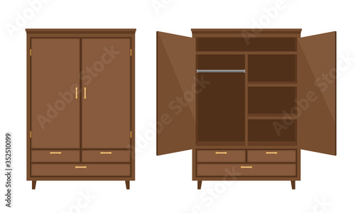 Wood wardrobe. Wooden empty dresser walldrobe vector illustration, worderobe with drawer, shelves and hangers holder for bedroom interior design, brown emptying open flat cabinet