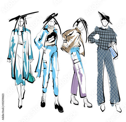 Beautiful young women in modern style.. Hand drawn stylish woman portrait. Fashion lady. Festive outfit. Sketch. Fashion model posing in dress. Hand drawn fashion woman.