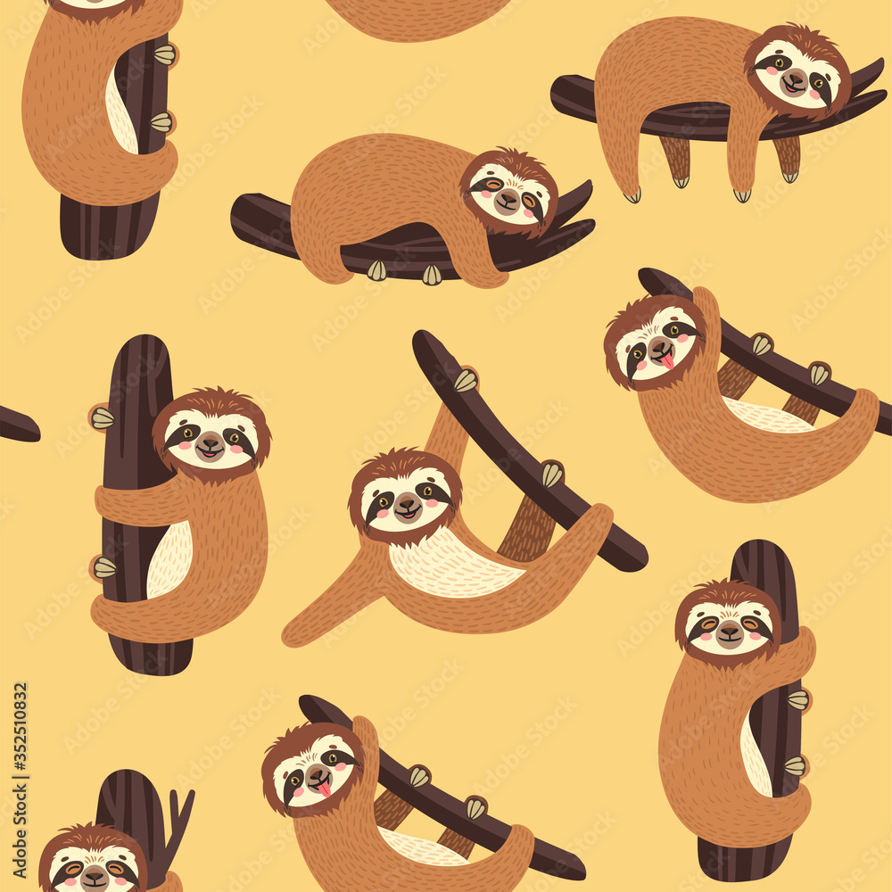 Fototapeta premium Seamless background with Sloth on the branch. Vector illustration with cute bear. Animal pattern.