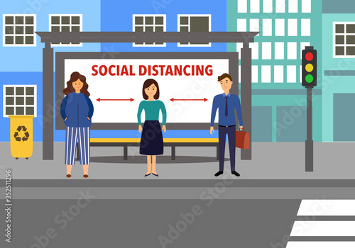 People are standing away to prevent Covid-19 coronavirus disease vector illustration. They keep social distancing while waiting at the bus stop. Social distance concept.