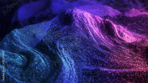 Fototapeta Naklejka Na Ścianę i Meble -  Abstract premium neon rainbow colored glitter pink, blue and purple particles flow with shallow depth of field dust. Magic shimmering festive party on a dark background. Little sparkles. 3d rendering