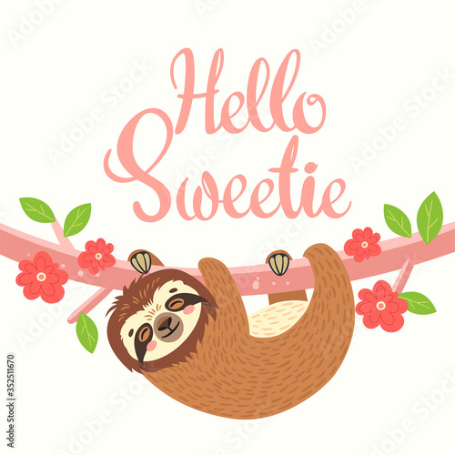 Sleeping sloth on the branch. Vector illustration with bear, leaves, flowers and lettering Hello Sweetie on white background. Greeting card.