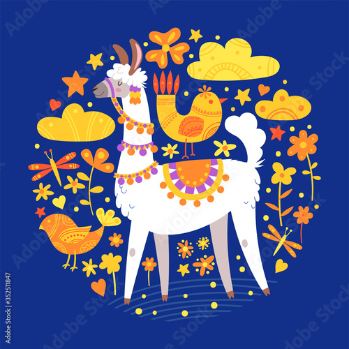 Illustration with llama, Round composition on blue. Vector doodle elements. Greeting card with Alpaca. Birds, clouds and flowers.