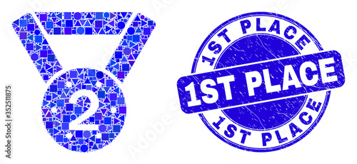 Geometric 2nd place medal mosaic pictogram and 1St Place seal. Blue vector round scratched seal with 1St Place message. Abstract composition of 2nd place medal composed of round, triangles,