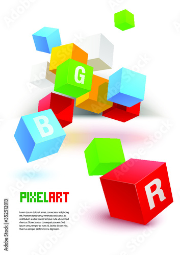 Conceptual art composition with cubes and letterings. Colorful objects and text area template