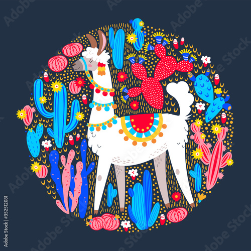 Illustration with llama and cactus plants. Vector seamless pattern on botanical background. Greeting card with Alpaca. Round composition on dark blue.