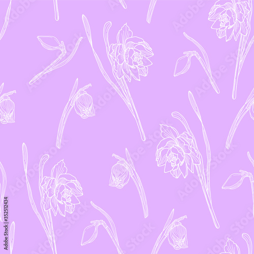 Seamless floral pattern with daffodils flowers. White elements on a light background. Great for wallpaper, wrapping paper, packaging, background.