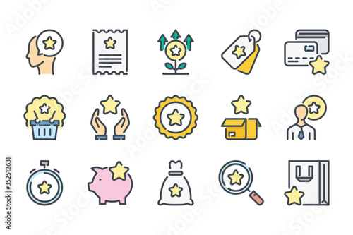 Loyalty Program and Client Bonuses related color line icon set. Customer Reward Service colorful linear icons. Coupon, Cashback and Point Tickets flat color outline vector sign collection.