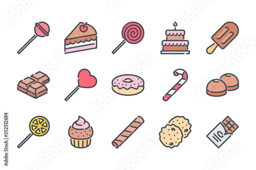 Sweets and Dessert related color line icon set. Candy, Caramel and Chocolate colorful linear icons. Confectionery and Pastry flat color outline vector sign collection.