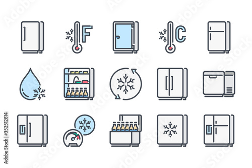 Fridge related color line icon set. Refrigerator colorful linear icons. Freezer, Keep Frozen and Cold Food Storage flat color outline vector sign collection.