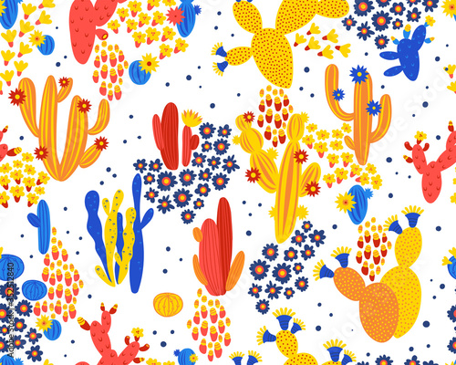 Vector seamless pattern with cactus on white background. Summer plants, flowers and leaves. Natural floral bright design. Botanical illustration.