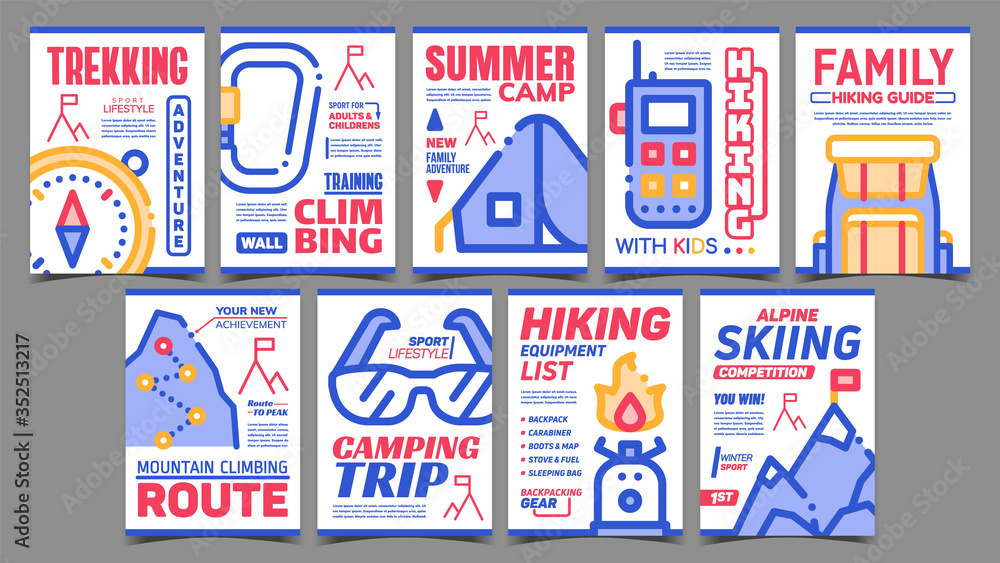 Alpinism Creative Advertising Posters Set Vector. Collection Of Different Advertising Banners With Alpinism Equipment And Accessory, Mountain And Camp. Concept Template Stylish Colorful Illustrations