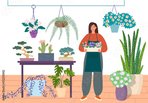 Florist caring for indoor plants. Flower shop or houseplant store vector illustration. Young woman in a flower center is holding a pot of violets.