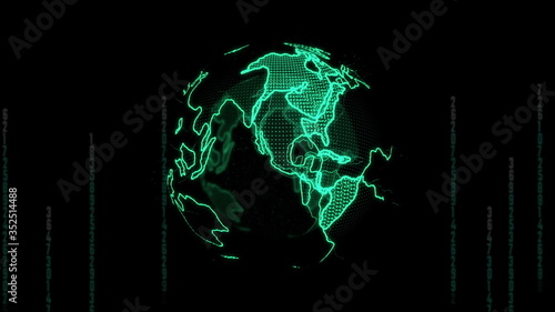Big data 3d Earth. Binary code surrounding globe rotating. Retro digital Earth. Digital data globe,abstract 3D rendering of data network surrounding planet earth,complexity and data flood of retro age