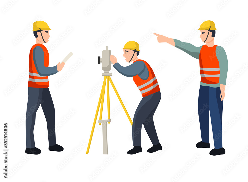 Set of cartoon characters working surveyors isolated on white background. The concept of geodesy. Flat vector illustration. Set of cartoon characters working surveyors isolated on white background. The concept of geodesy. Flat vector illustration.