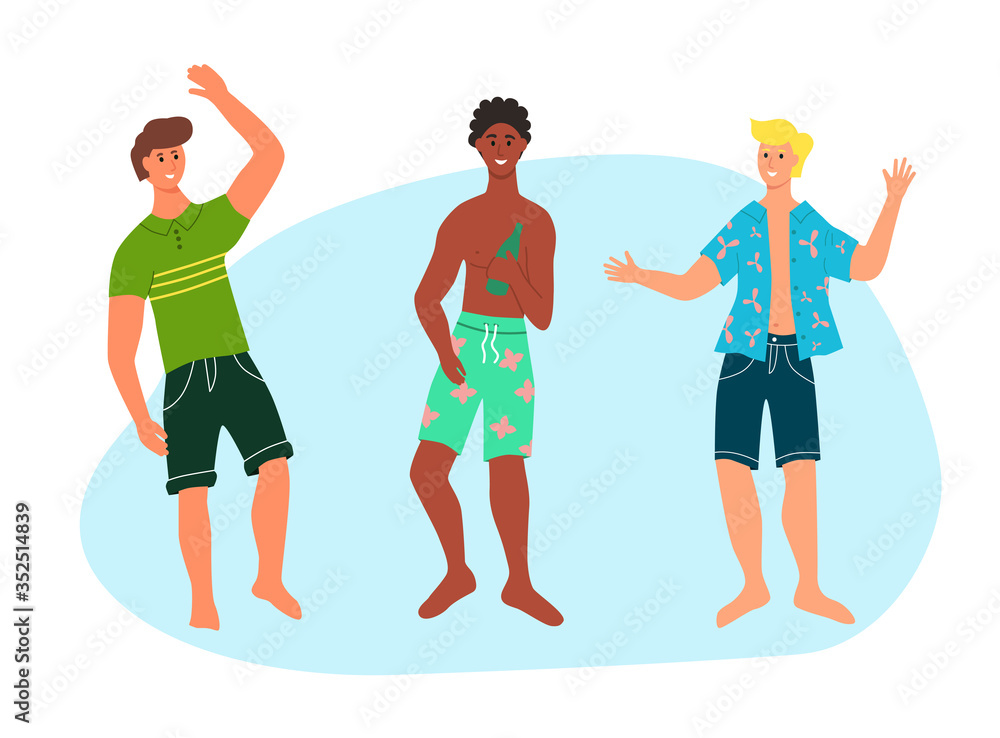 Obraz premium Group of people of different skin color on the beach, flat style vector illustration. Young men in beach clothes smile and dance.