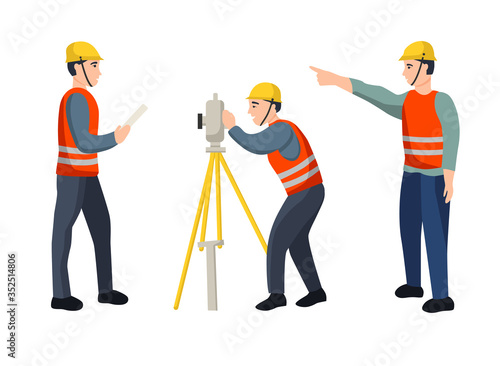 Set of cartoon characters working surveyors isolated on white background. The concept of geodesy. Flat vector illustration. © Natalia
