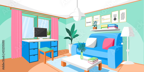 Living room interior vector. Design of a cozy room with sofa, window and decor accessories. Vector illustration about interior