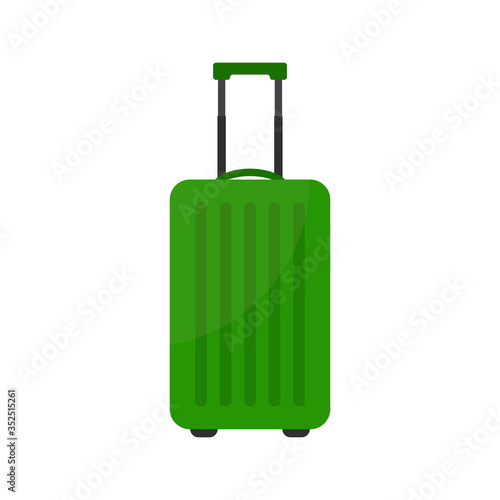 Travel suitcase with wheels and stickers in flat style isolated on white background. Green luggage icon for trip, tourism, voyage or summer vacation.