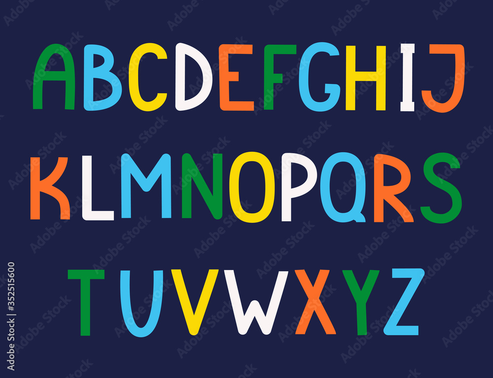 Hand-drawn cute English alphabet. Blue, white, yellow, green, and orange letters on a dark blue background. Vector illustration.