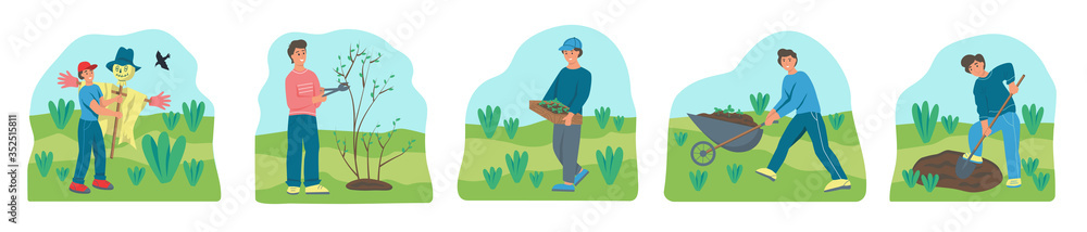 Gardening on a farm set of cartoon characters. Young people dig, rake the ground, cut trees, plant and water seedlings. Men in the garden. Flat vector illustration. Gardening on a farm set of cartoon characters. Young people dig, rake the ground, cut trees, plant and water seedlings. Men in the garden. Flat vector illustration.