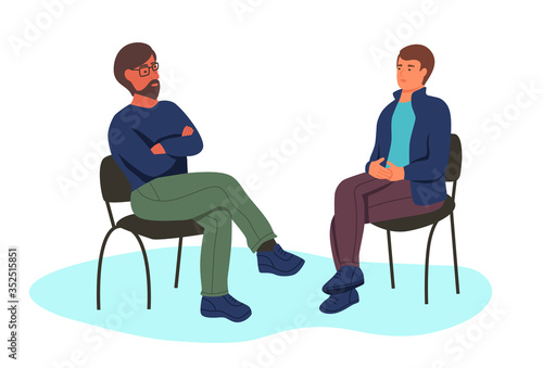 Two men sit opposite each other on chairs. The concept of the interview, psychotherapy. Flat cartoon vector illustration.
