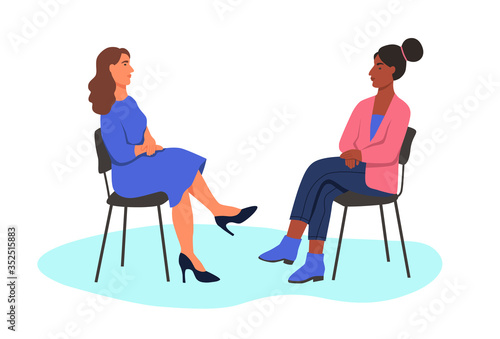 Two women sit opposite each other on chairs. The concept of the interview, psychotherapy. Flat cartoon vector illustration.