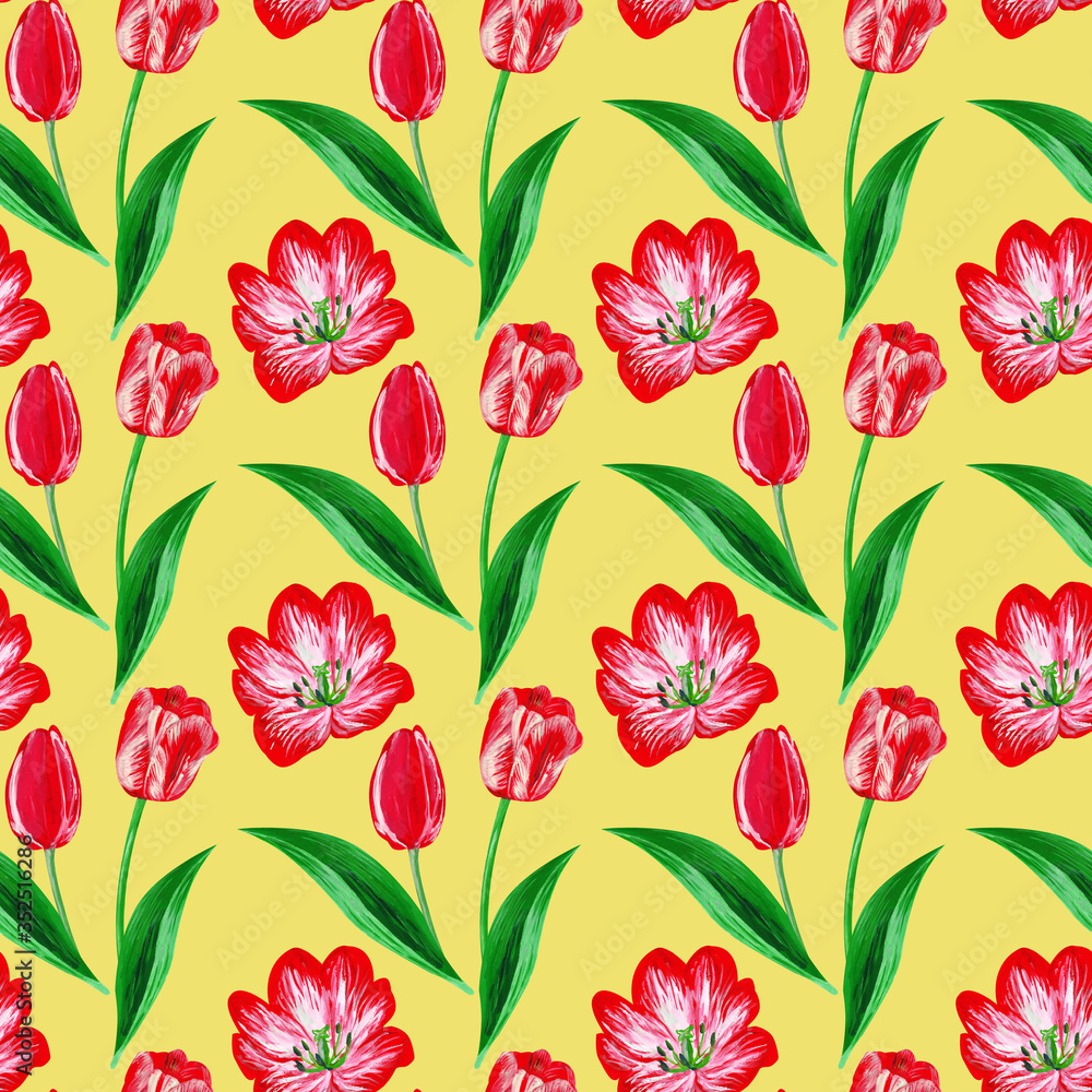 Red tulips with leaves on a yellow background. Floral seamless pattern.
