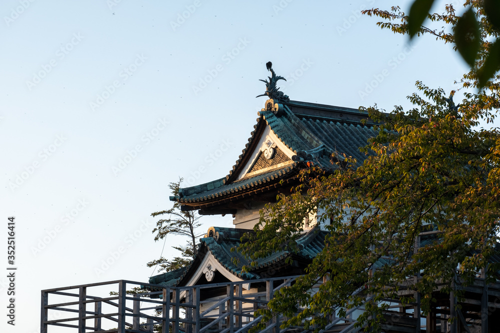 Fototapeta premium The peaceful and beautiful without people suburb of temple and castle Japan between the epidemic