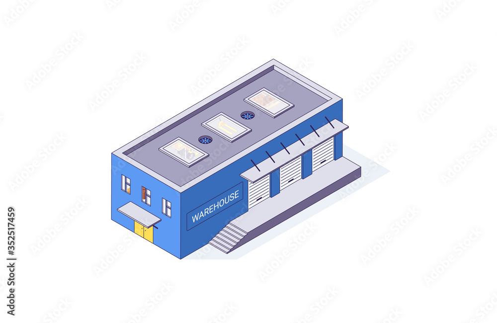 Isometric warehouse storage storehouse building. Delivery shipping depot and interior vector illustration Isometric warehouse storage storehouse building. Delivery shipping depot and interior vector illustration