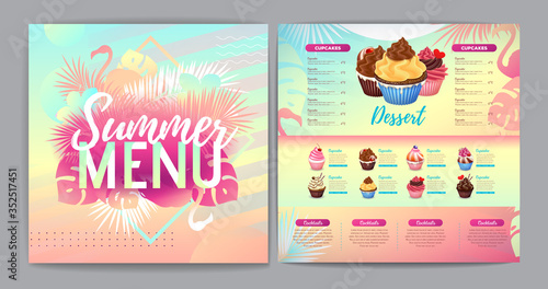 Restaurant summer tropical gradient dessert menu design with fluorescent tropic leaves and flamingo.