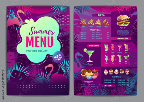 Restaurant summer tropical gradient menu design with fluorescent tropic leaves and flamingo. Fast food menu