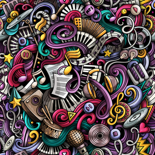 Music hand drawn doodles seamless pattern. Musical instruments background. Cartoon fabric print design. Colorful vector art illustration