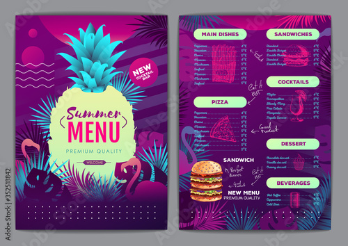 Restaurant summer tropical gradient menu design with fluorescent tropic leaves and flamingo. Fast food menu
